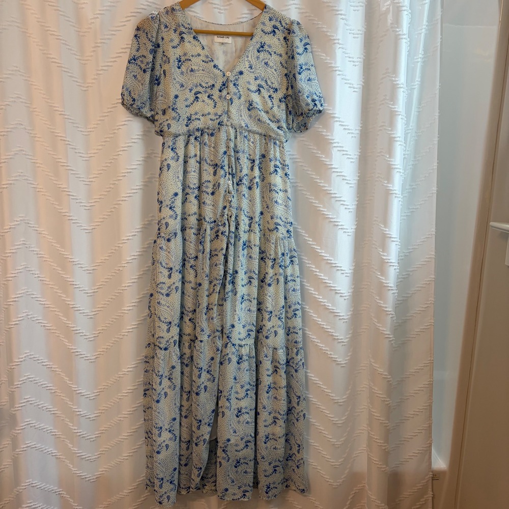 Sugar Lips Blue White Paisley Floral Tiered Maxi Dress XS STD12609DA Puff Sleeve